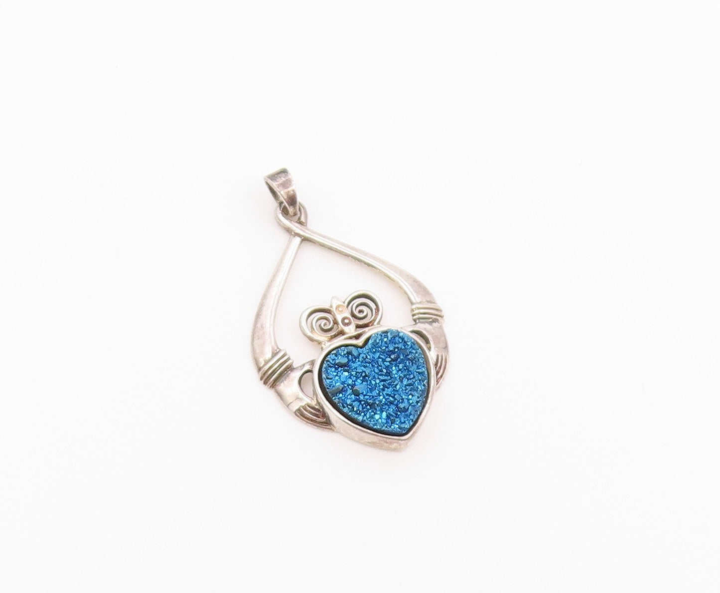 925 Sterling Silver Vintage Pendant IRELAND Drusy Quartz Claddagh Heart  PT26473