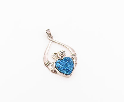 925 Sterling Silver Vintage Pendant IRELAND Drusy Quartz Claddagh Heart  PT26473