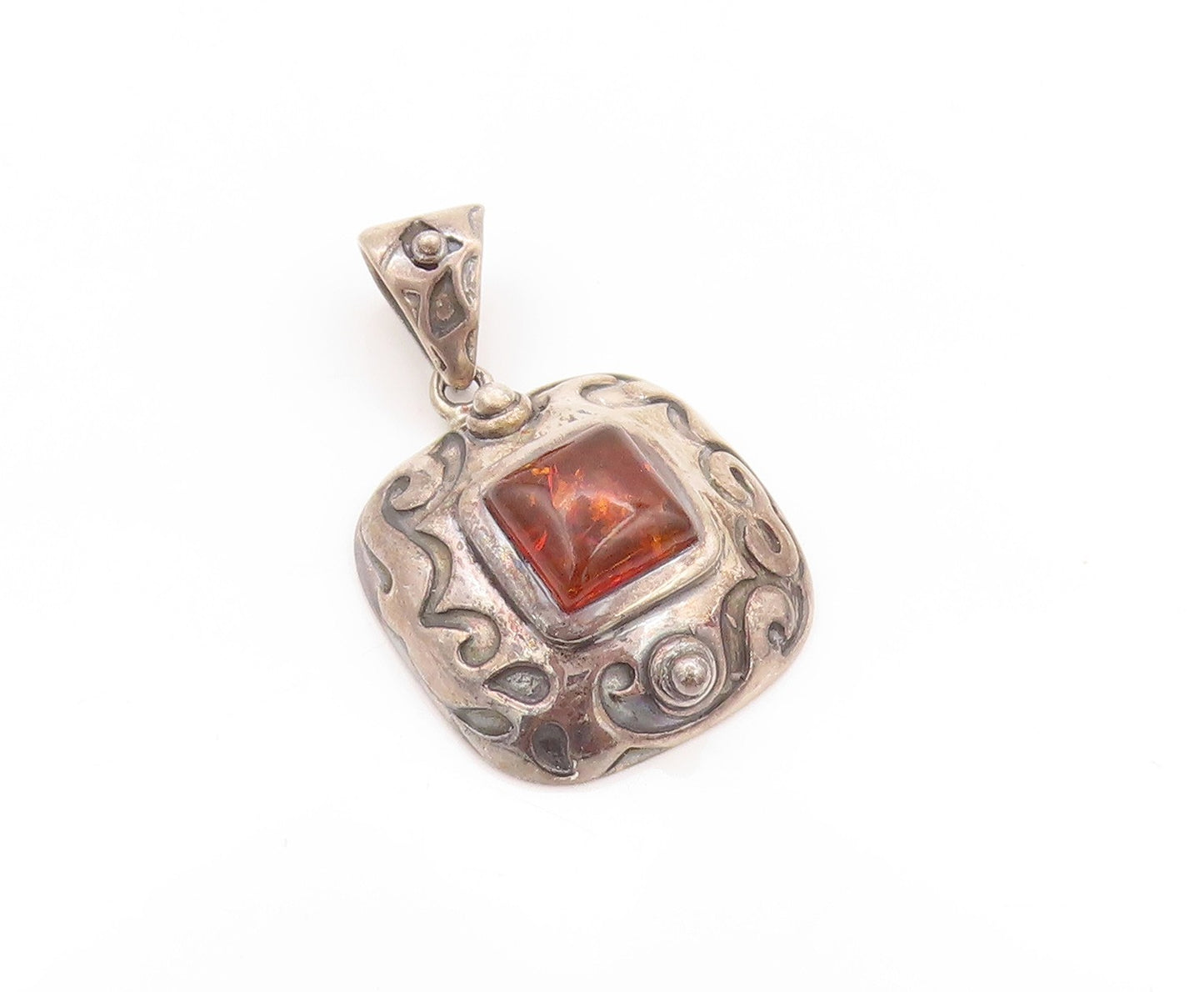 925 Sterling Silver Vintage Pendant SILPADA Swirly Carved Honey Amber  PT24198