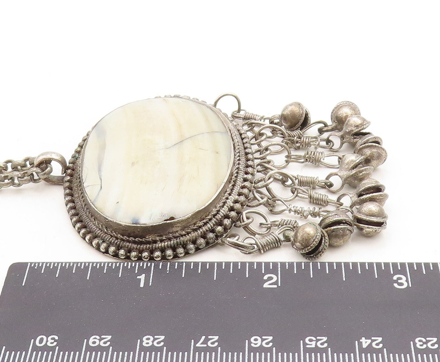 925 Sterling Silver  Vintage Antique Mother Of Pearl Chain Necklace  NE1078