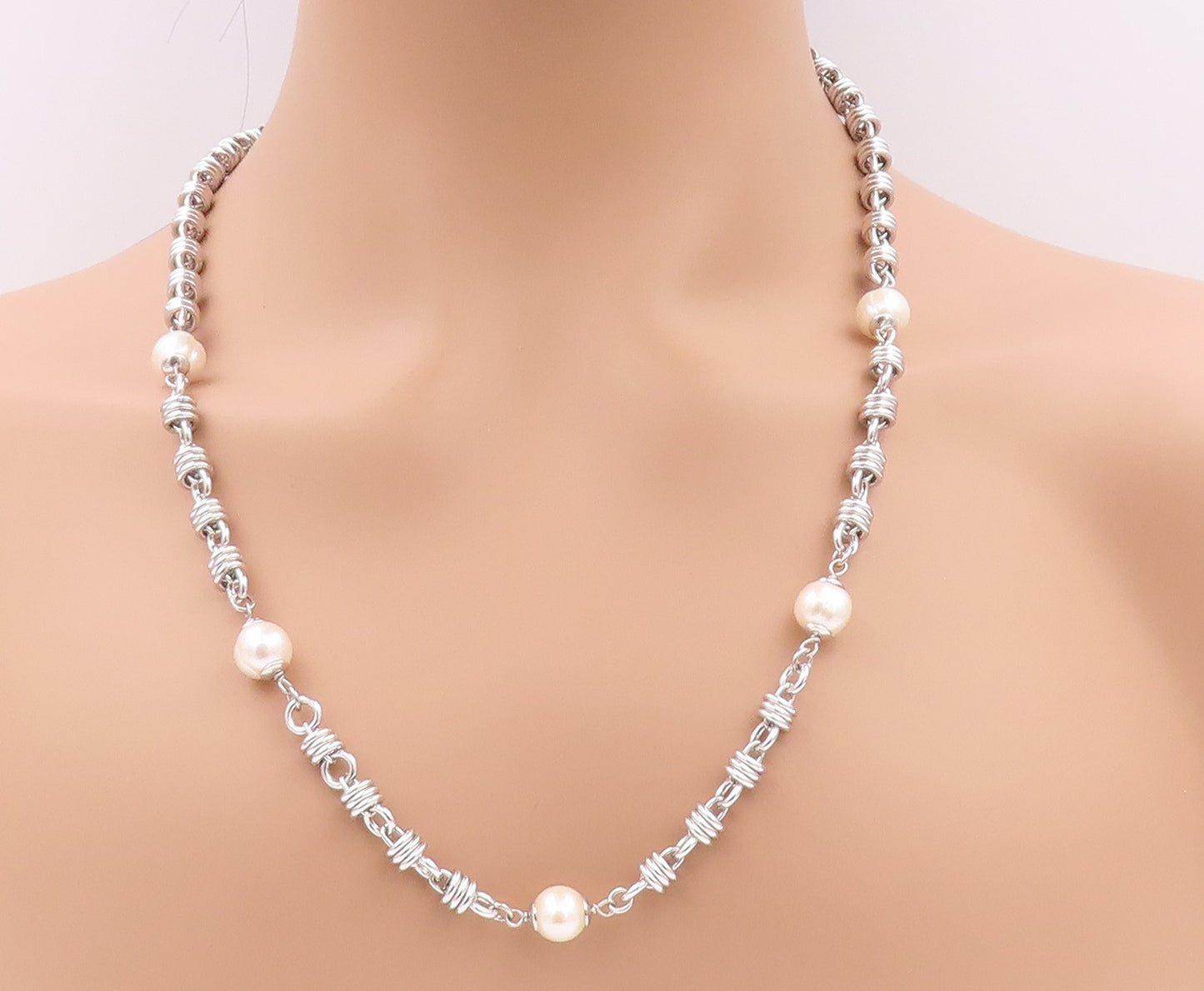 925 Sterling Silver Vintage Necklace Modernist Ring Chain Pearls Linked  NE4562