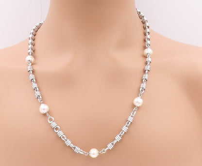925 Sterling Silver Vintage Necklace Modernist Ring Chain Pearls Linked  NE4562