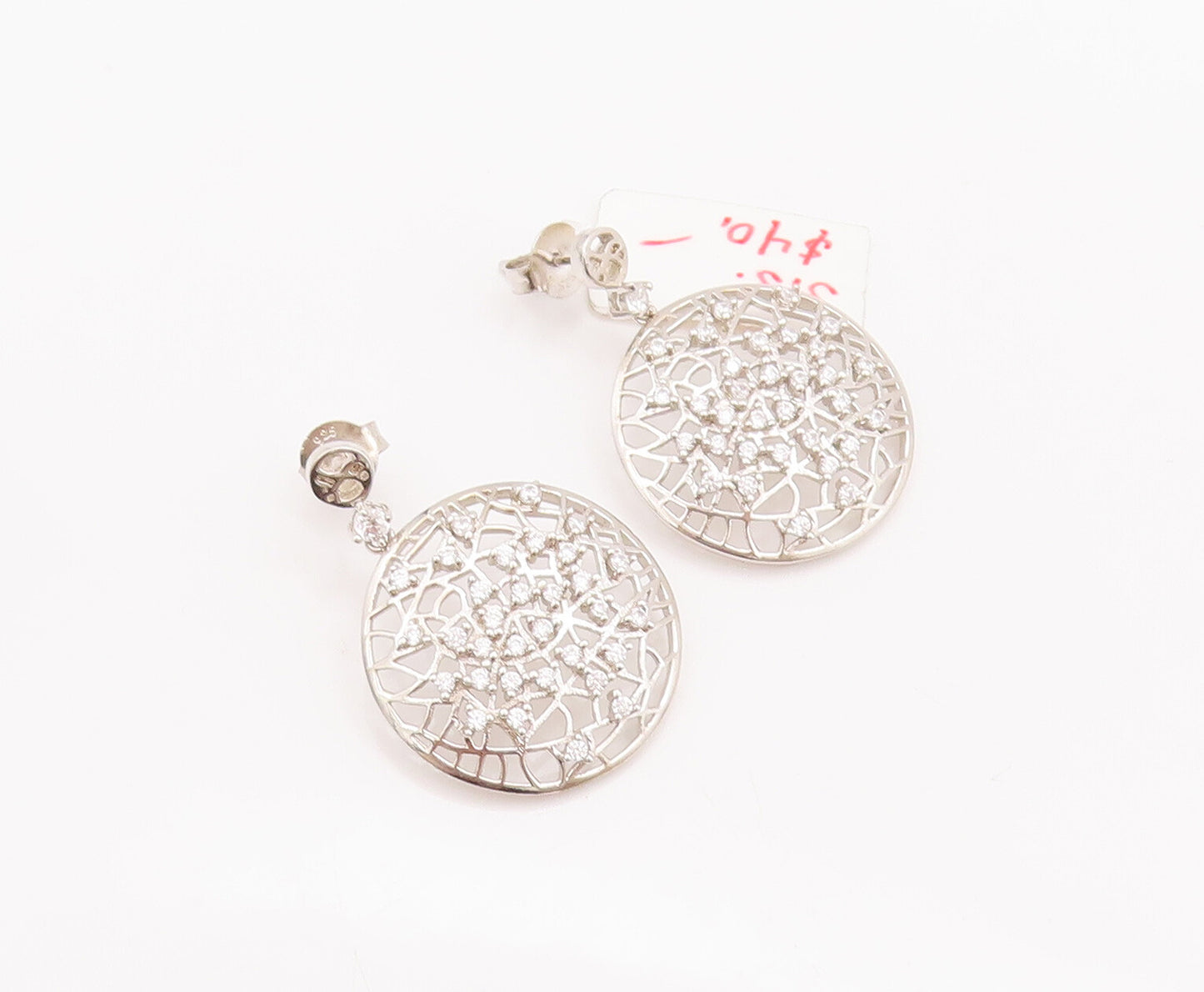 925 Sterling Silver Vintage Earrings Cutout Round Star Cluster Beaded CZ EG12962