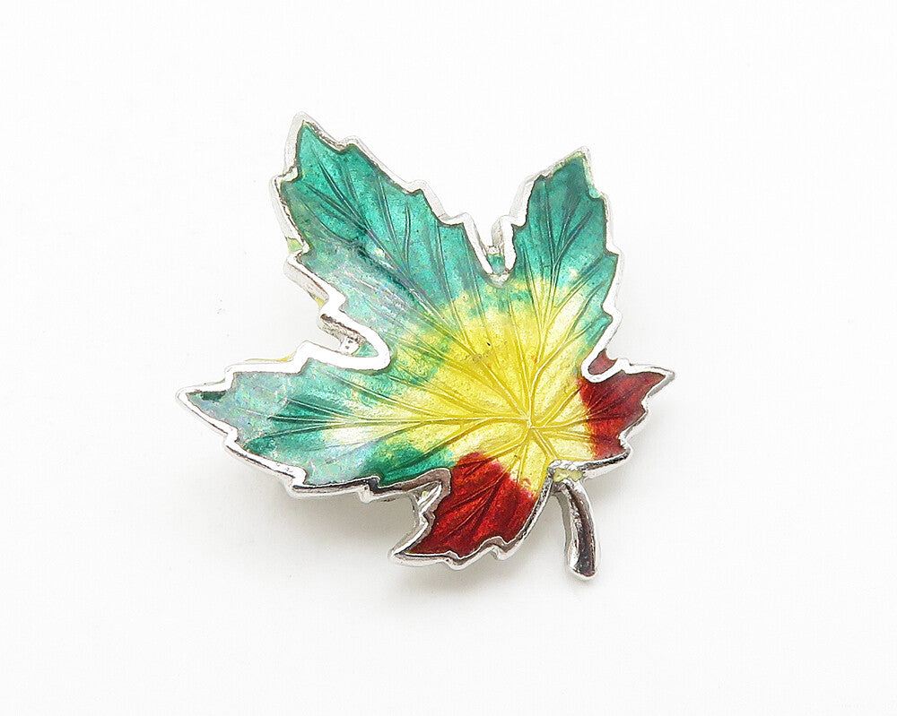 925 Sterling Silver  Vintage Enamel Coated Autumn Leaf Brooch Pin  BP4247