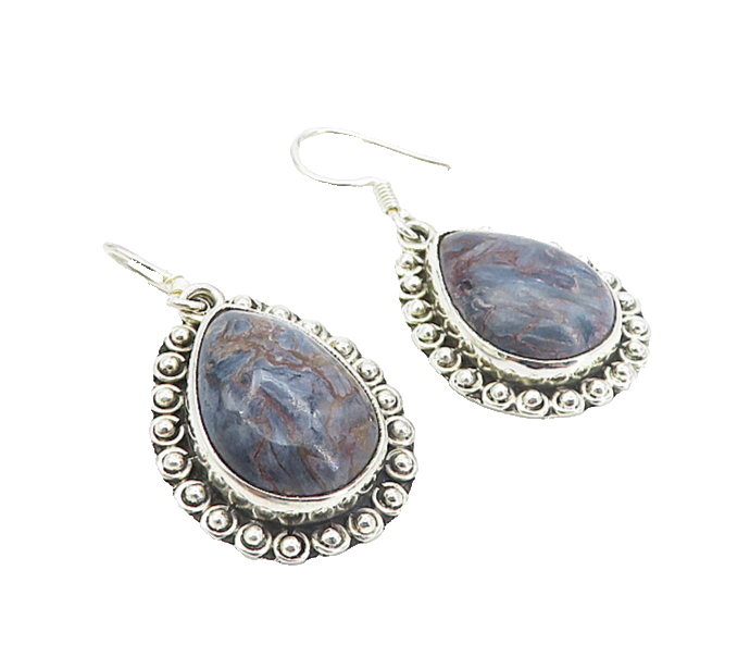 925 Sterling Silver  Vintage Cabochon Cut Jasper Tear Drop Earrings  EG3766