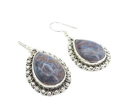 925 Sterling Silver  Vintage Cabochon Cut Jasper Tear Drop Earrings  EG3766