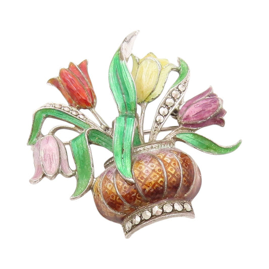 925 Sterling Silver Vintage Brooch Marcasite & Enameled Flower Vase  BP11504
