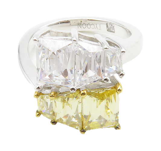925 Sterling Silver  Yellow & White Cubic Zirconia Bypass Ring Sz 5  RG13341