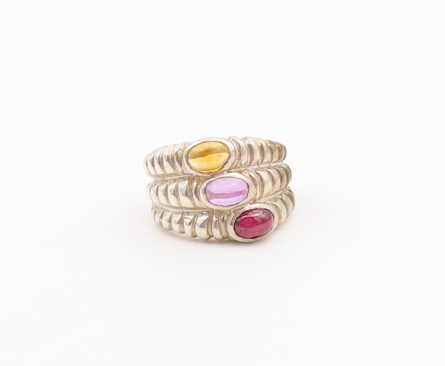 925 Sterling Silver Vintage Ring Multi Stone Triple Row Ribbed Band Sz 6 RG36477