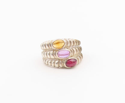 925 Sterling Silver Vintage Ring Multi Stone Triple Row Ribbed Band Sz 6 RG36477