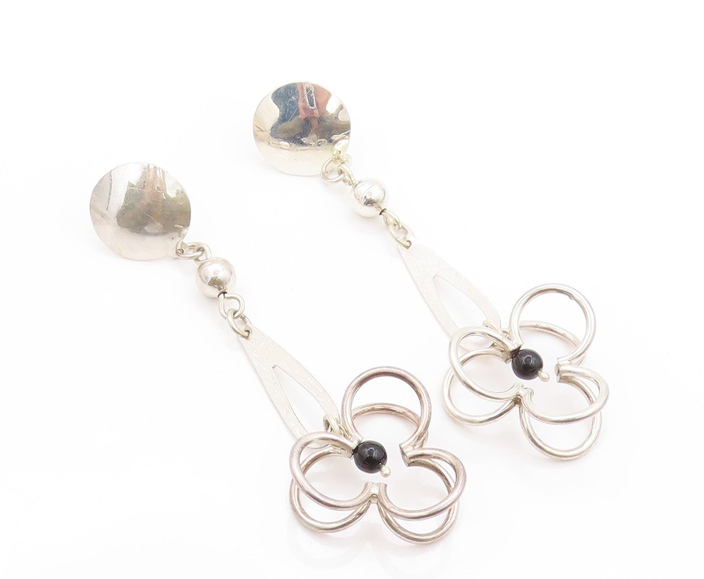 925 Sterling Silver Vintage Earrings MEXICO Modernist Drop Onyx Flower  EG13577