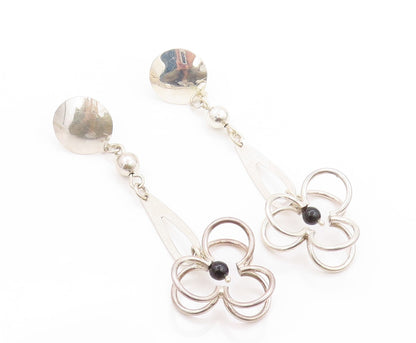 925 Sterling Silver Vintage Earrings MEXICO Modernist Drop Onyx Flower  EG13577