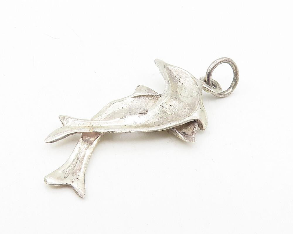 925 Sterling Silver  Vintage Double Dolphin Love Smooth Drop Pendant  PT9377