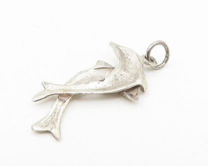 925 Sterling Silver  Vintage Double Dolphin Love Smooth Drop Pendant  PT9377