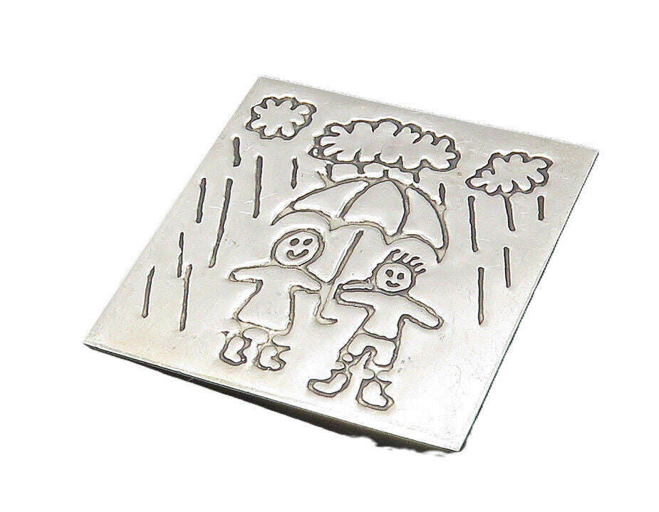 MEXICO 925 Sterling Silver  Vintage Etched Kids In The Rain Brooch Pin  BP4180