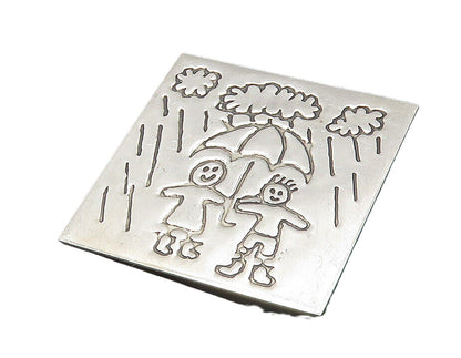 MEXICO 925 Sterling Silver  Vintage Etched Kids In The Rain Brooch Pin  BP4180