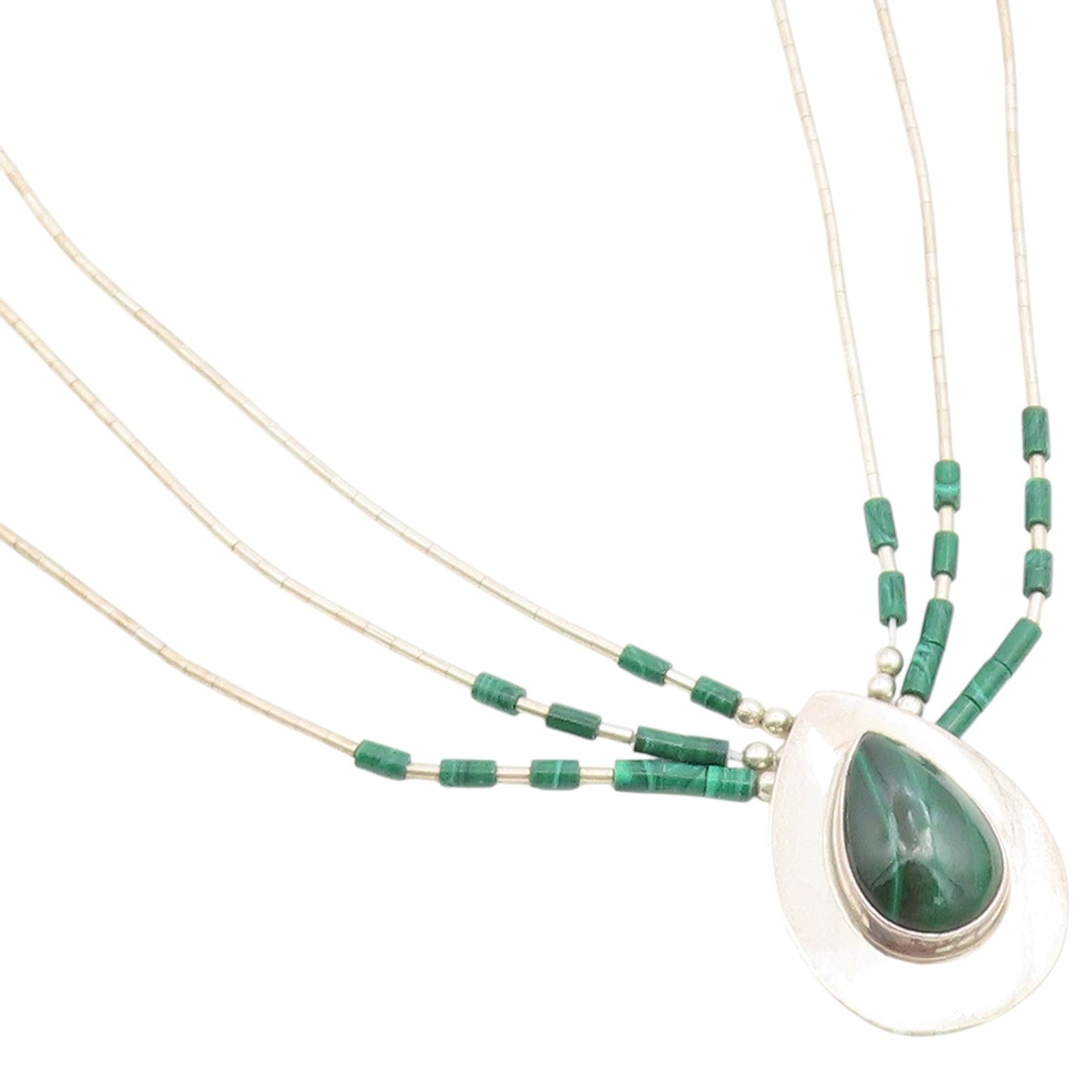 925 Sterling Silver Vintage Necklace NAVAJO ZUNI Malachite Teardrop Chain NE4904