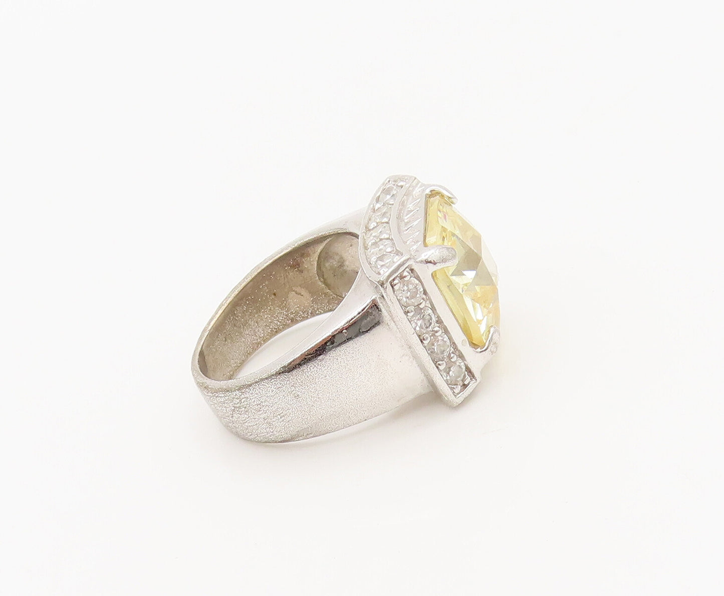 925 Sterling Silver  Vintage Yellow CZ Halo White CZ Solid Ring Sz 6  RG27384