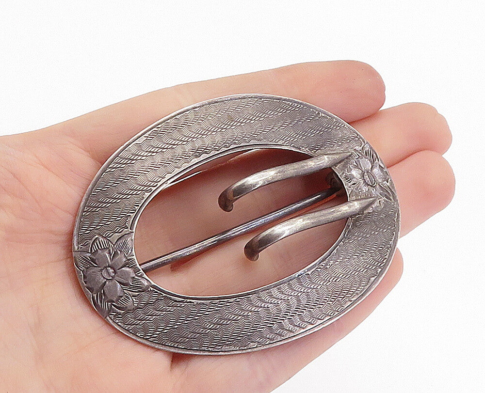 925 Sterling Silver  Vintage Dark Tone Flower Etched Belt Buckle  TR1188