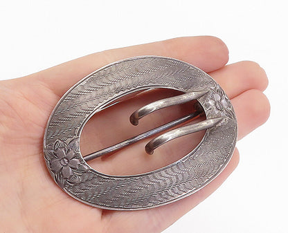925 Sterling Silver  Vintage Dark Tone Flower Etched Belt Buckle  TR1188