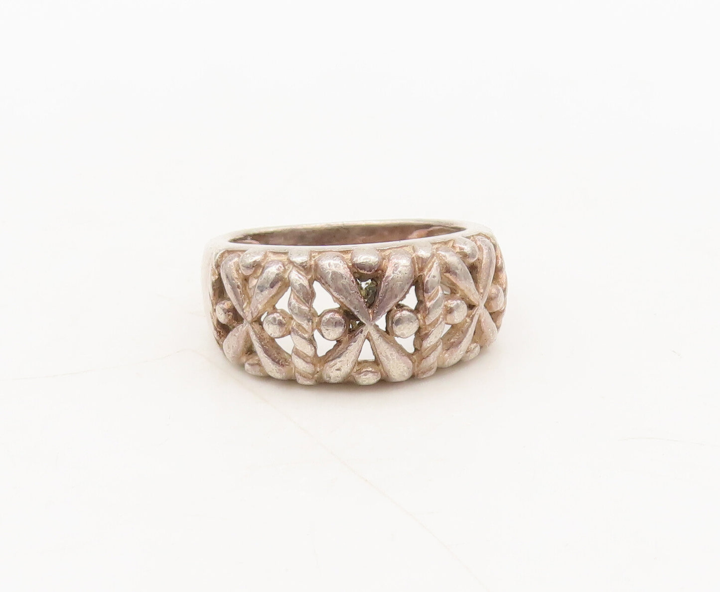 925 Silver Vintage Ring Minimalist Carved Cutout Cross & Beaded Sz 7  RG27564