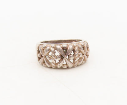 925 Silver Vintage Ring Minimalist Carved Cutout Cross & Beaded Sz 7  RG27564