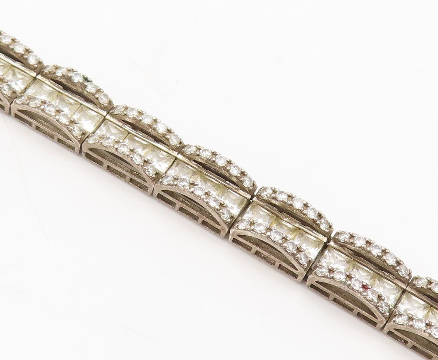 925 Sterling Silver Vintage Square And Round CZ 3 Chain Bridge Bracelet BT9937