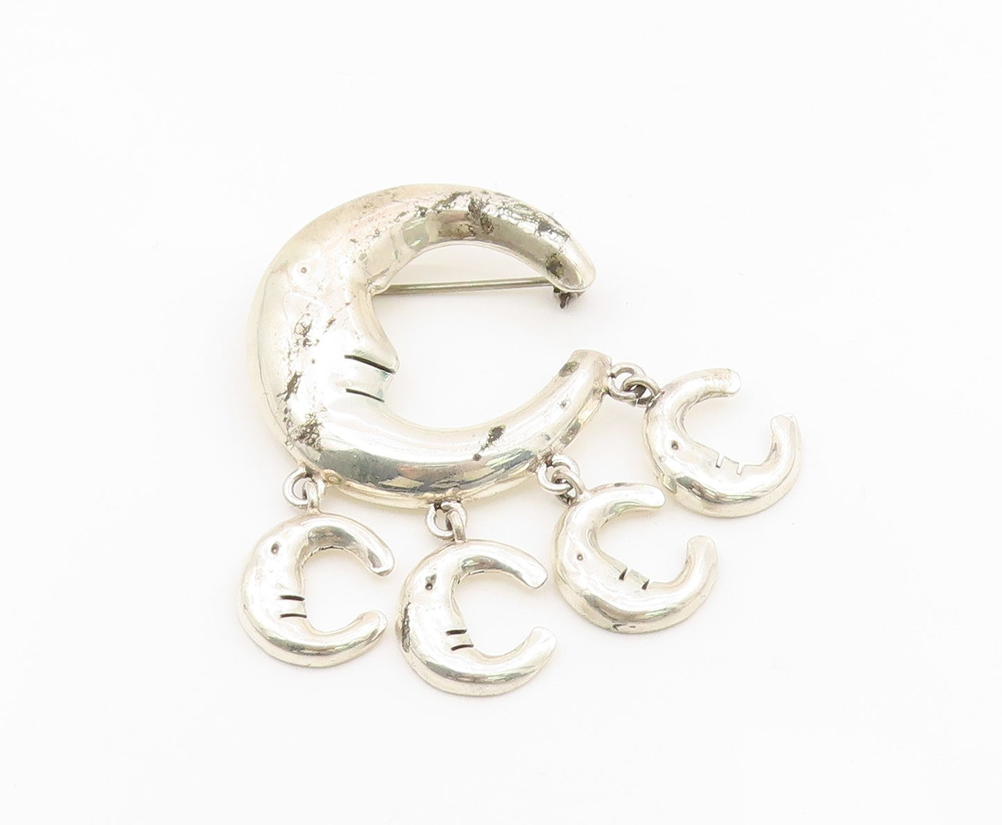 925 Sterling Silver Vintage Brooch MEXICO Celestial Crescent Moon Dangle BP12133