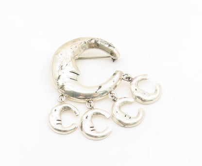 925 Sterling Silver Vintage Brooch MEXICO Celestial Crescent Moon Dangle BP12133
