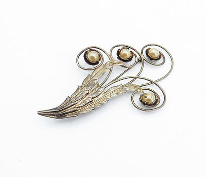 925 Sterling Silver  Vintage Golden Pearls Floral Swirl Brooch Pin  BP1761