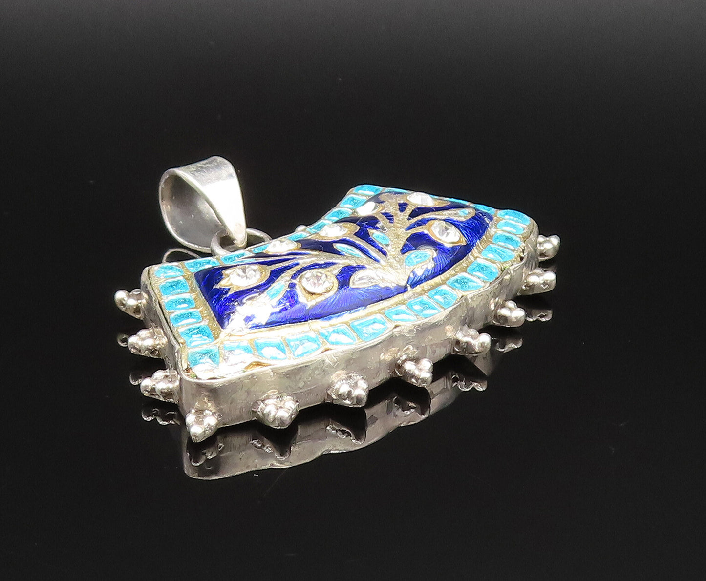 925 Silver  Vintage Double Sided Floral Enamel Cubic Zirconia Pendant  PT21004