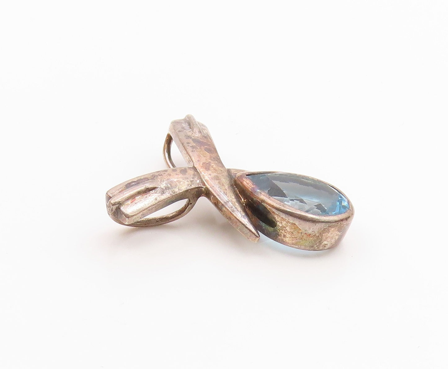 925 Sterling Silver  Vintage Tear Drop Blue Topaz Crossed Pendant  PT18483