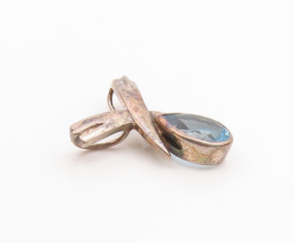 925 Sterling Silver  Vintage Tear Drop Blue Topaz Crossed Pendant  PT18483