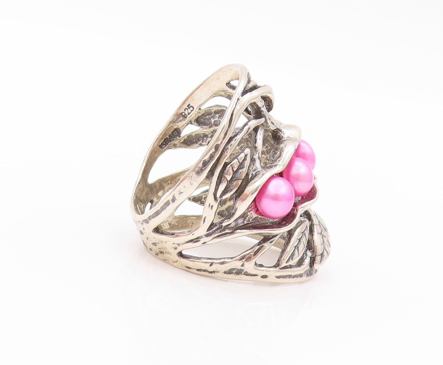925 Sterling Silver Vintage Ring ISRAEL Pink Pearls Brutalist Cut  Sz 7  RG32406