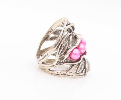 925 Sterling Silver Vintage Ring ISRAEL Pink Pearls Brutalist Cut  Sz 7  RG32406