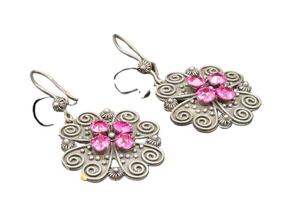 925 Silver  Vintage Beaded Pretzel Twist Tourmaline Floral Earrings  EG11928