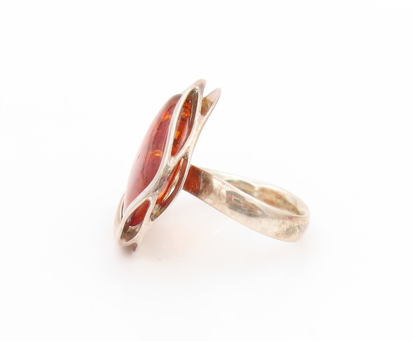 925 Sterling Silver Vintage Ring Large Cabochon Honey Amber Band  Sz 10  RG34000