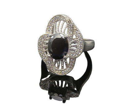 925 Sterling Silver  Hematite Floral Filigree Cocktail Ring Sz 5.5  RG10674