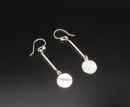 925 Sterling Silver  Vintage Polished Line Rough Disc Dangle Earrings  EG11718