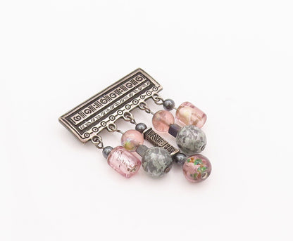 925 Sterling Silver Vintage Brooch Pin Carved Plate & Dangling Beads  BP10822