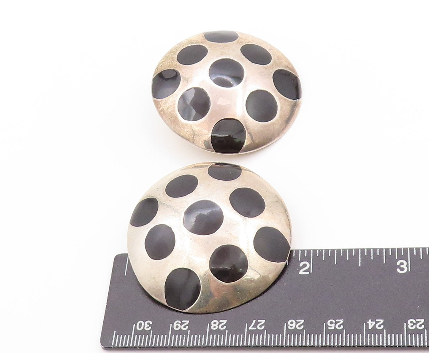 925 Sterling Silver Vintage Earrings MEXICO Polka Dot Onyx Design Disk  EG13578
