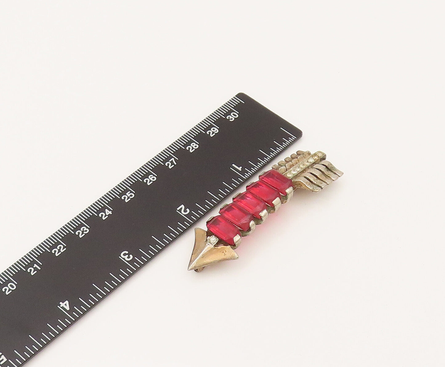 925 Sterling Silver Vintage Antique Red & White Topaz Arrow Brooch Pin BP10265