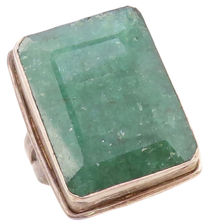 925 Sterling Silver Vintage Ring Rectangle Green Gemstone Inlay  Sz 7  RG30178