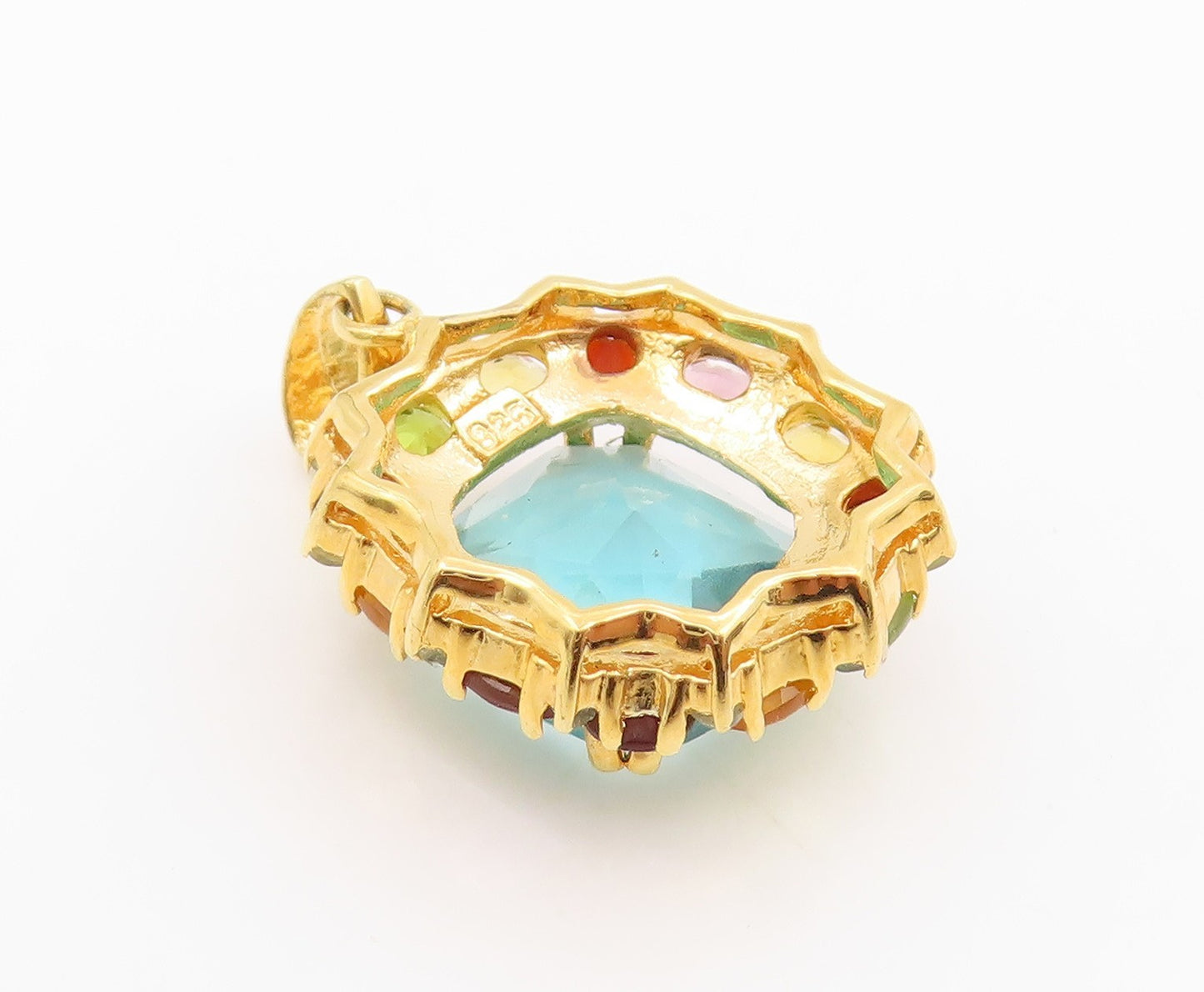 925 Sterling Silver Vintage Pendant Gold Plated Multi Gemstone Charm  PT26213