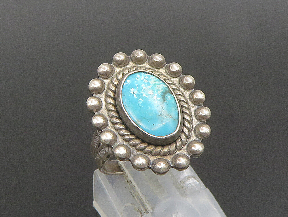 SOUTHWESTERN 925 Silver Vintage Beaded Border Turquoise Ring Sz 5 RG24678