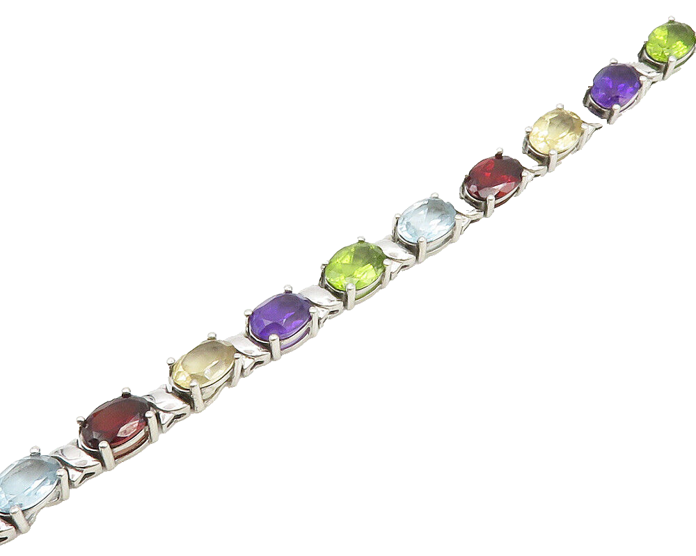 925 Sterling Silver  Topaz Garnet Amethyst & Peridot Chain Bracelet  BT7651