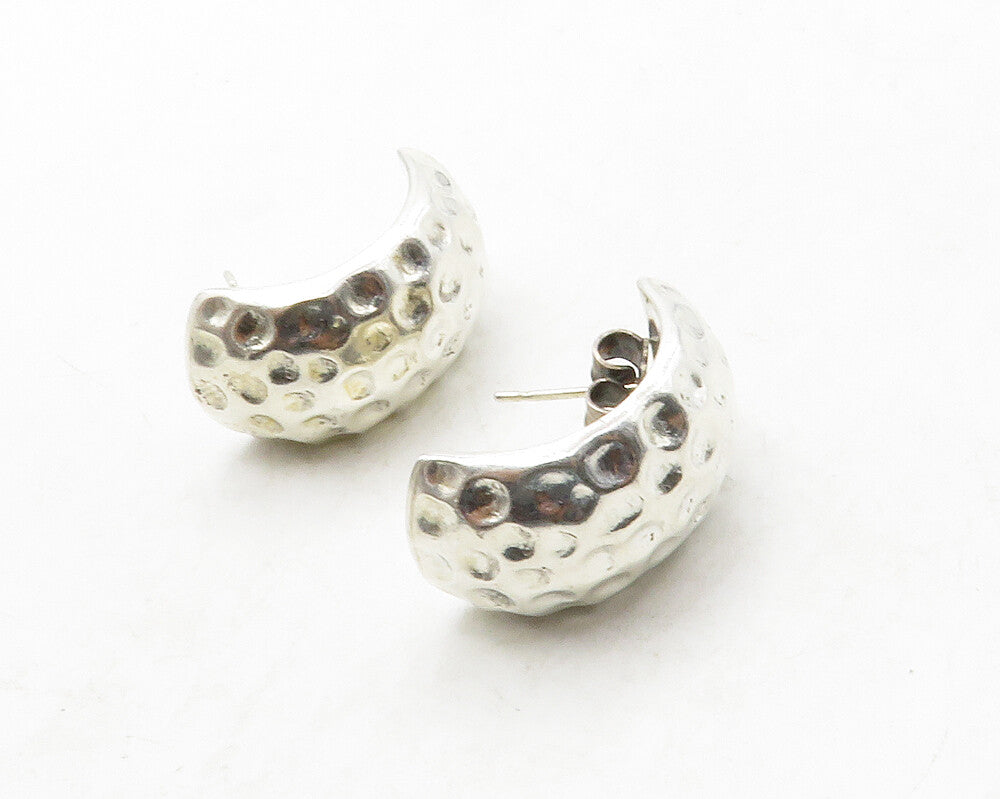 MEXICO 925 Sterling Silver  Vintage Shiny Hammered Curved Drop Earrings EG6815