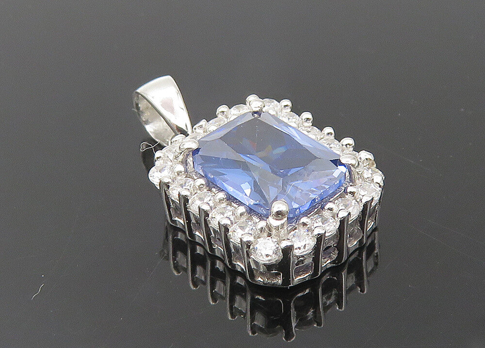 925 Sterling Silver  Shiny Tanzanite & Topaz Square Drop Pendant  PT9313