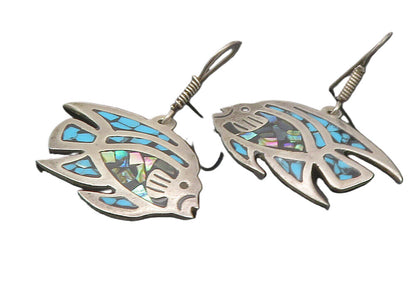 MEXICO 925 Silver  Vintage Abalone & Turquoise Fish Drop Earrings  EG6045