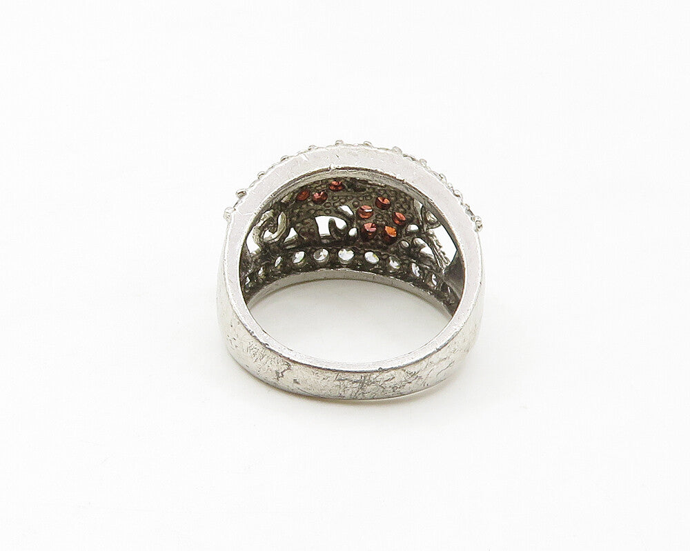 925 Sterling Silver  Shiny Red & White Topaz Floral Band Ring Sz 7  RG17050